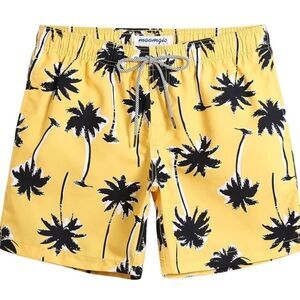 🩵Yellow w/Blue Palm Tree Print Slim Fit Swim Trunks Men's XSmall